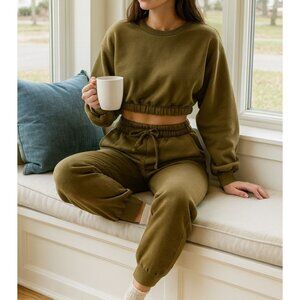 Zenana 2 Pcs Crop Sweatshirt Tracksuit High Waist Jogger Pants Set Active Lounge